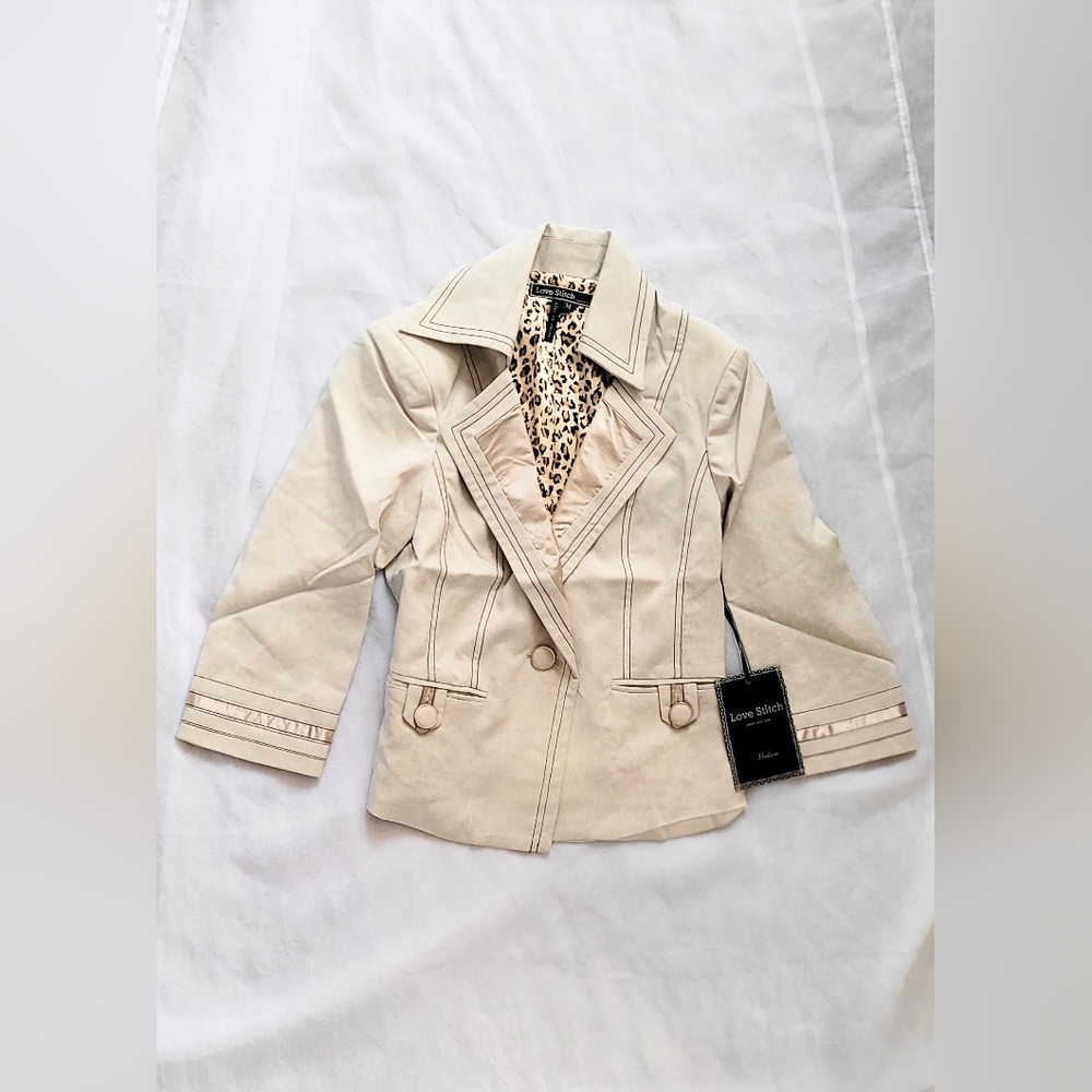 NWT!Fall Classic Beige Cropped Women's Blazer Animal Print Utility Jacket Medium